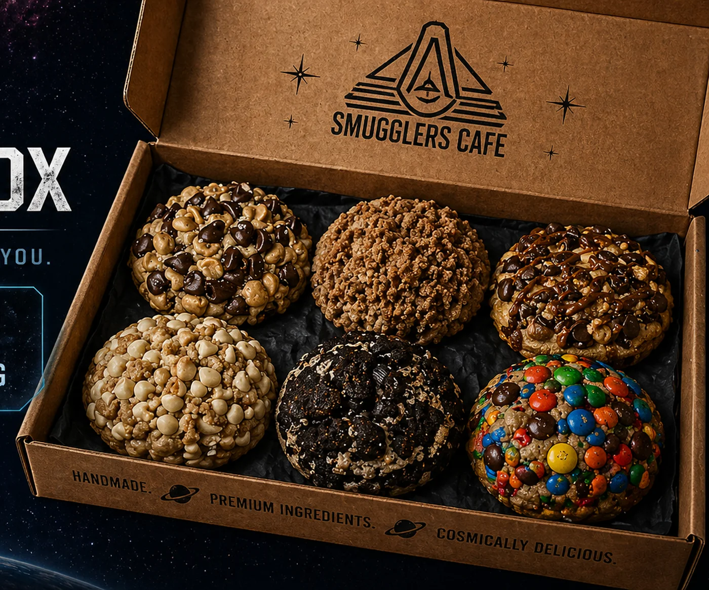 Open Smugglers Cafe shipping box with six half-pound cookies